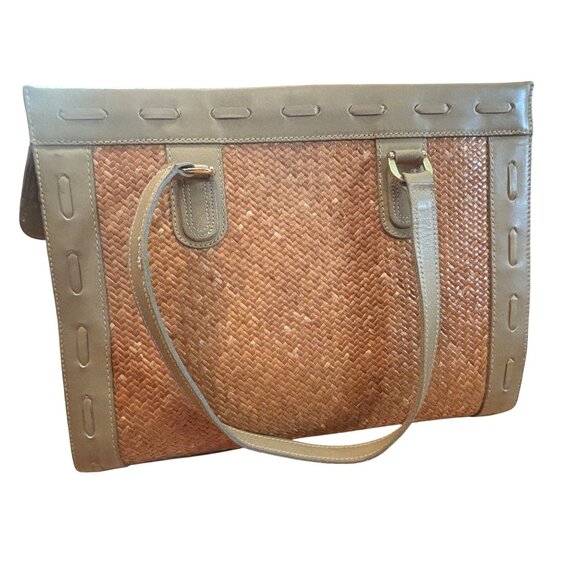 Anne Klein Woven Straw & Leather Tote Bag Dual Handles Tan Beige Elegant Design - Picture 2 of 12